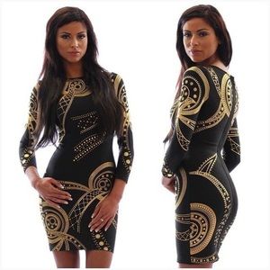 Gold Painted Long Sleeves Black Bandage Dress